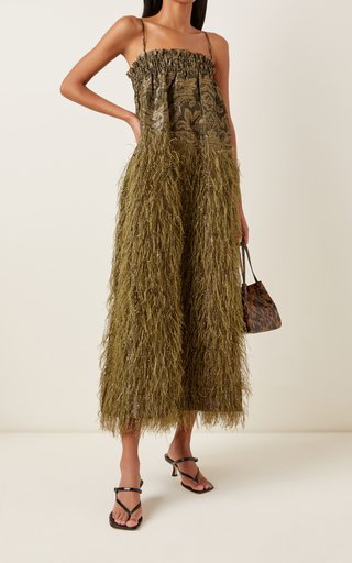 Feather-embellished Jacquard Midi Dress ...